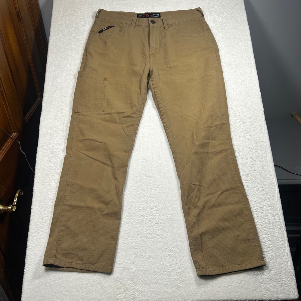 Ariat FR M4 Crossfire Pants Relaxed Straight Work Mens 32x30 Khaki Tan Ripstop - Picture 2 of 10